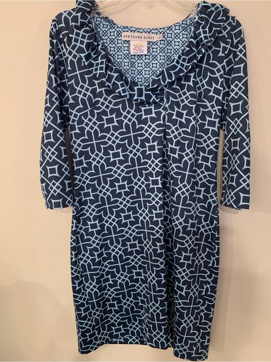Gretchen Scott Designs Dresses & Skirts - Gretchen Scott Navy & Light Blue Geometric Print Dress Size S